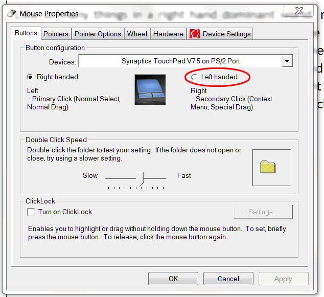 left handed mouse settings